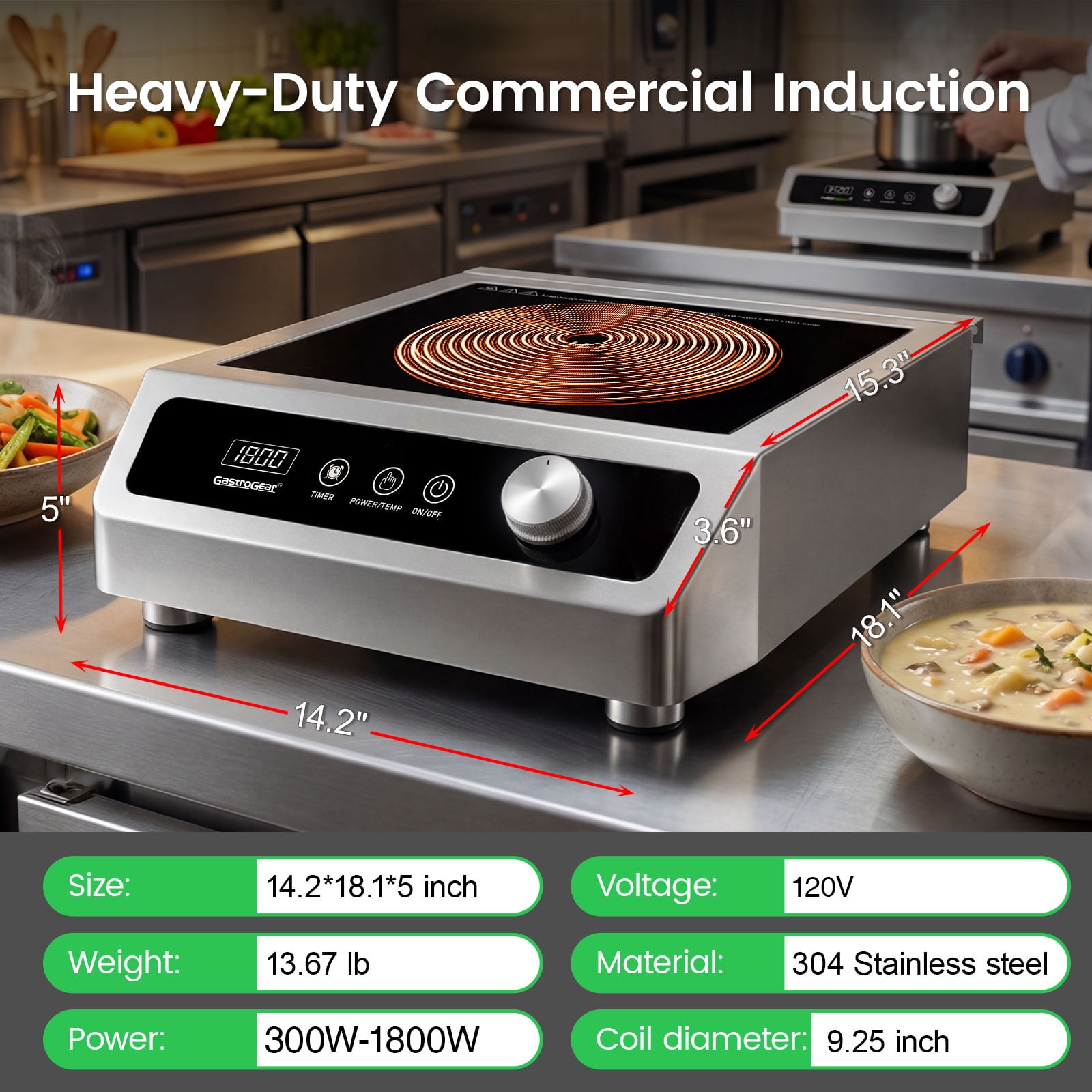 GastroGear 1800W 100V～185V 2026 New Induction Cooktop Commercial Range Grade Precise 17 Watts Power/Temp Ctrl 200~1800W Large Burner with 9.25" Coil Electric Stove Heavy Duty Stainless Steel