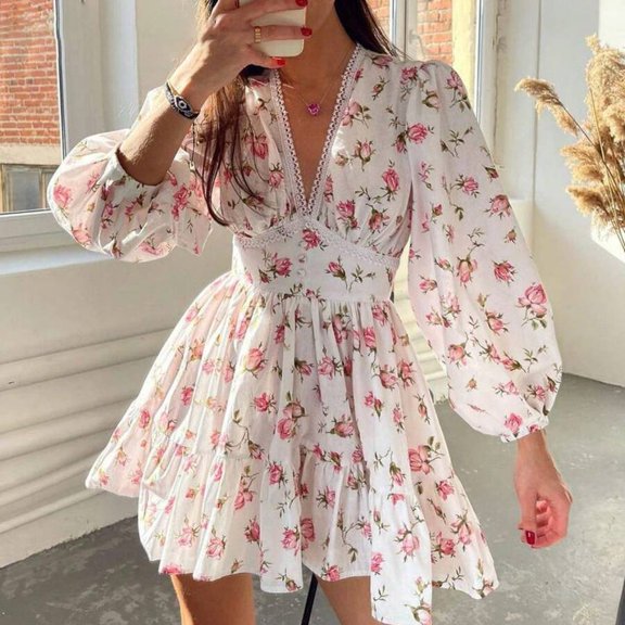 White Floral Print V-Neck Puff Sleeve A-Line Mini Dress With Lace Trim For Women