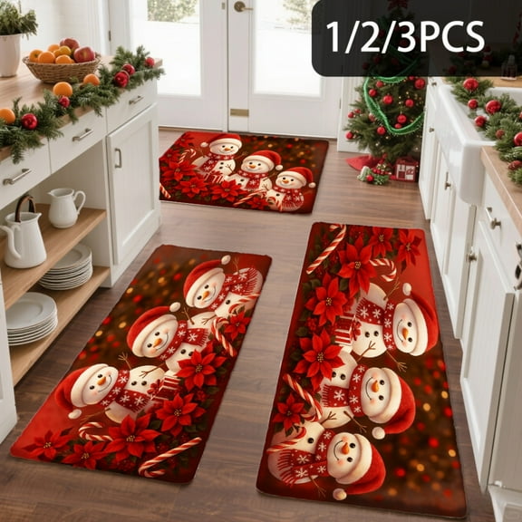 3PCS Kitchen Mat set, Welcome Door Flannel Rug,Home Decor for Front Door,Kitchen, Bathroom, Snowmen With Red Poinsettias And ,Great Christmas Housewarming gift for Family and Friends.