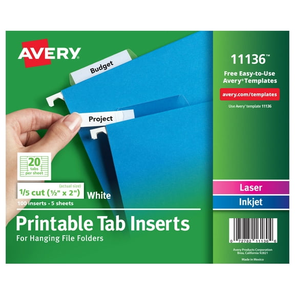 Avery Tab Inserts for Hanging File Folders, 0.5" x 2" (11136)