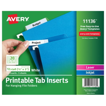 UPC: 0072782111366 | Avery Printable Tab Inserts for Hanging File Folders  1/2  x 2   1/5 Cut  White  100 Index Tab Inserts (11136)