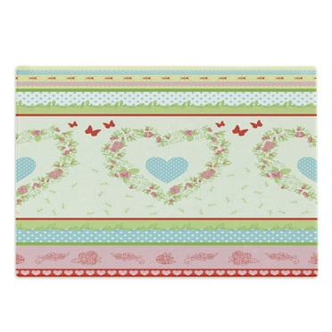 Shabby Flora Cutting Board, Country Style Roses and Borders Butterflies Ants Heart Shapes and Polka Dots, Decorative Tempered Glass Cutting and Serving Board, Large Size, Multicolor, by Ambesonne