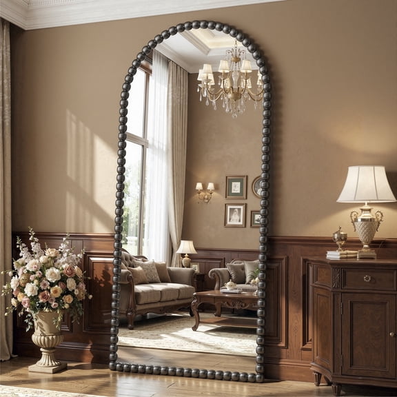 Antok 57"x21" Arched Full Length Mirror, Beaded Metal Frame Floor Mirror, Black