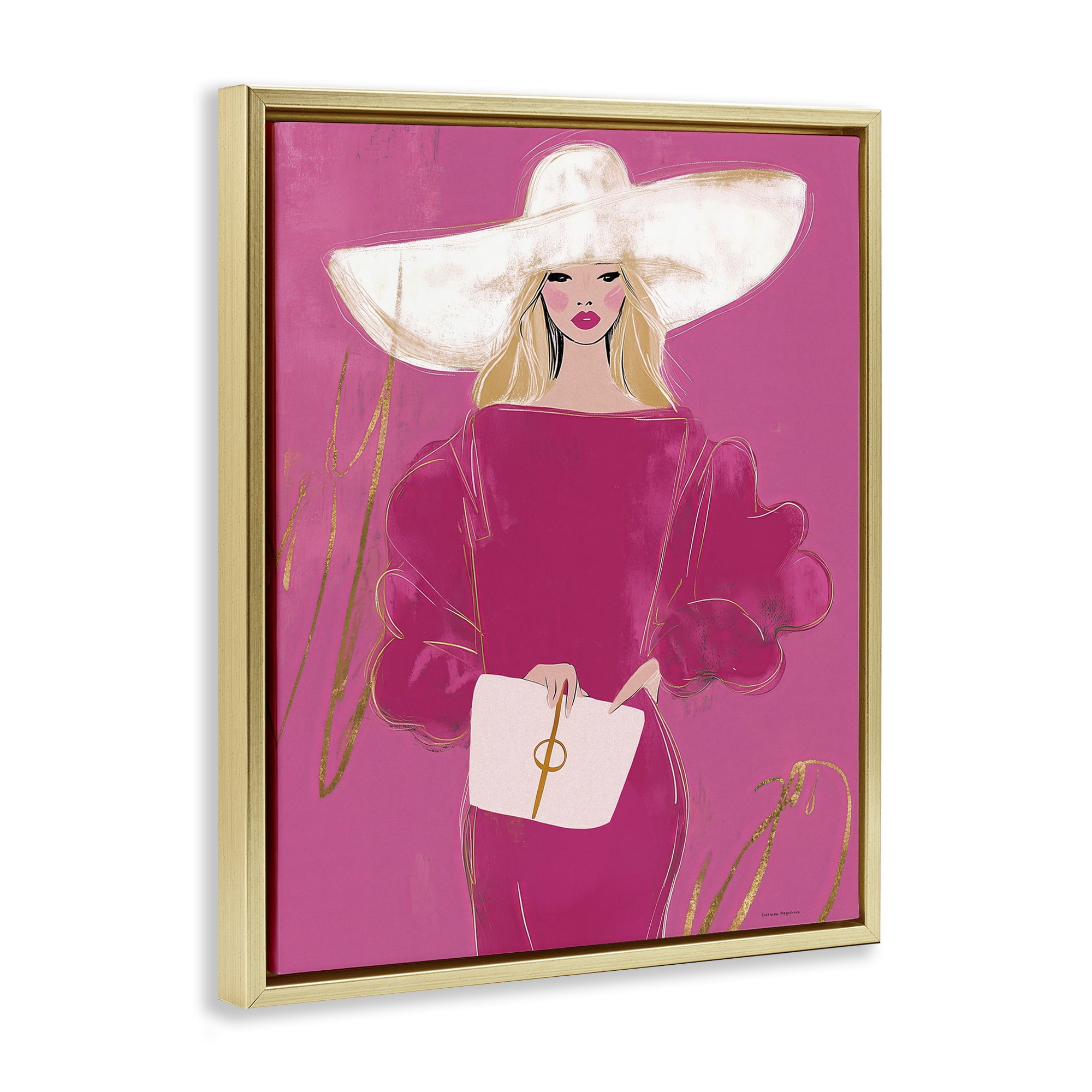 Stupell Industries Lady In Pink with Hat Gold Framed Floater Canvas Wall Art, design by Svetlana Aleynikova