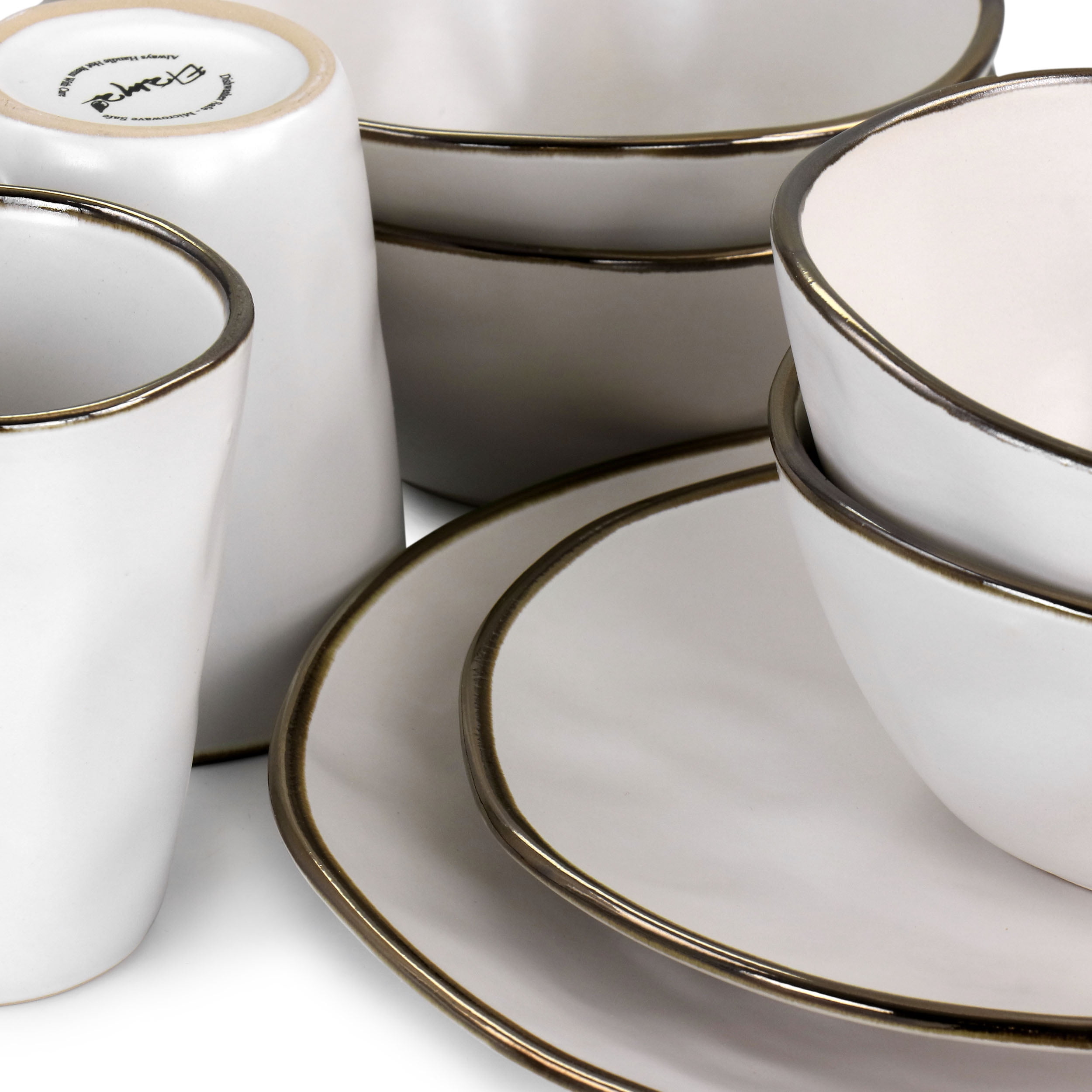 Elama Modern 16 Piece Stoneware Dinnerware Set in Matte White with Gold Rim