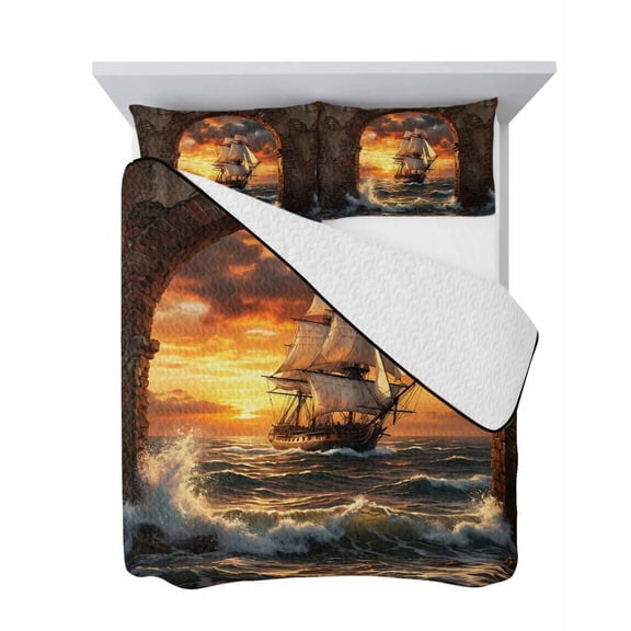 Sunset Galleon 3 Piece Quilt Set Full Size, Art Terracotta Stone Arch Romantic Amber Gold Sunset Soft Bedspread Coverlet Bedding Set Microfiber Comforter Set with 2 Pillowcases for Bedroom
