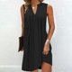 thumbnail image 1 of Puntoco Vestido De Manga Corta Con Cuello En V, Vestido Sin Mangas Plisado Con Cuello En V De Color Sólido Para Mujer De Verano Negro M, 1 of 5