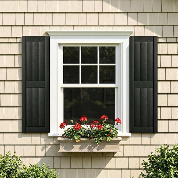 Barara King Window Shutters with Premium Board and Batten, Plantation Shutters with Fluted Vertical Lines and Easy Mount for Farmhouse, Home Office, Living Room, Bedroom, Black(14"*25")