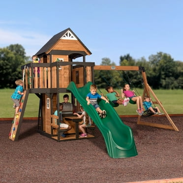 Backyard Discovery Canyon Creek Cedar Wood Swing Set, Slide, Clubhouse, Rock Wall
