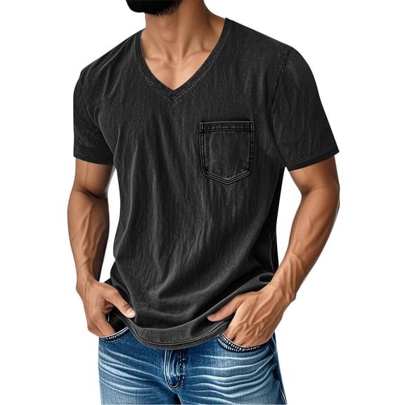 hoksml Men's Washed V Neck Short Sleeve T Shirt, Stitch Pocket Vintage Casual Tees for Daily Outdoor Wear
