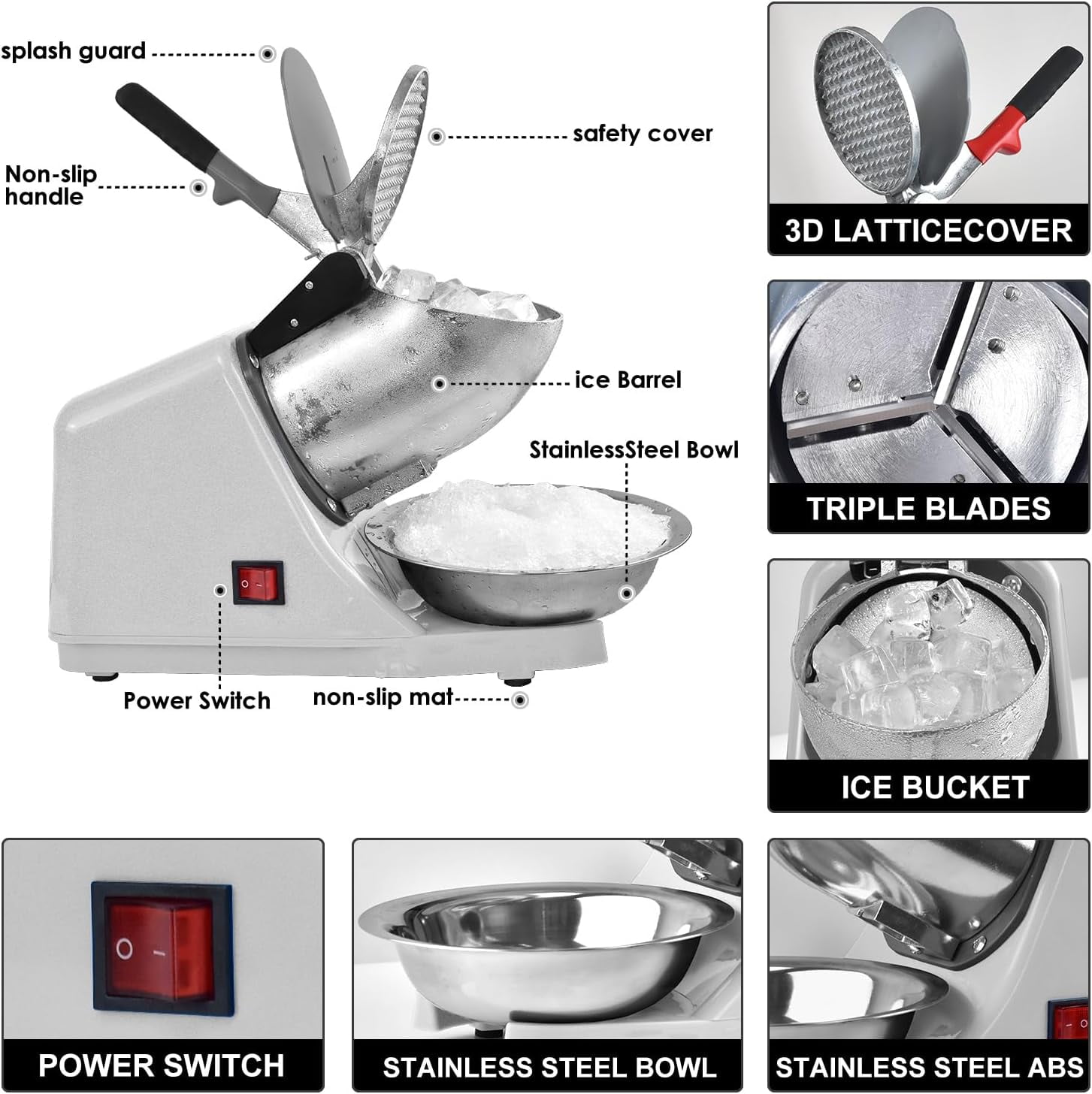 Electric Shaved Ice  with 3 Blades, 300W Snow Cone Maker for Home and Commercial Use