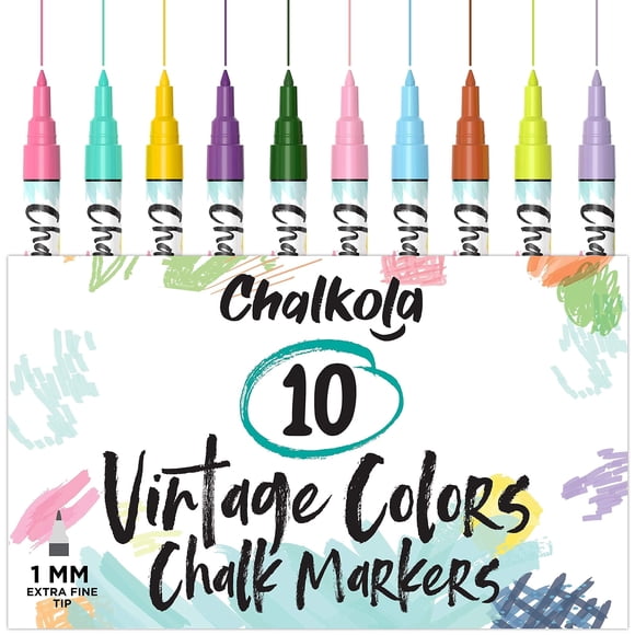 Extra Fine Tip Liquid Chalk Markers for Chalkboard, Blackboards, Window, Bistro (10 Vintage Colors, 1mm) - Extra Fine Dry Erase Marker Pens