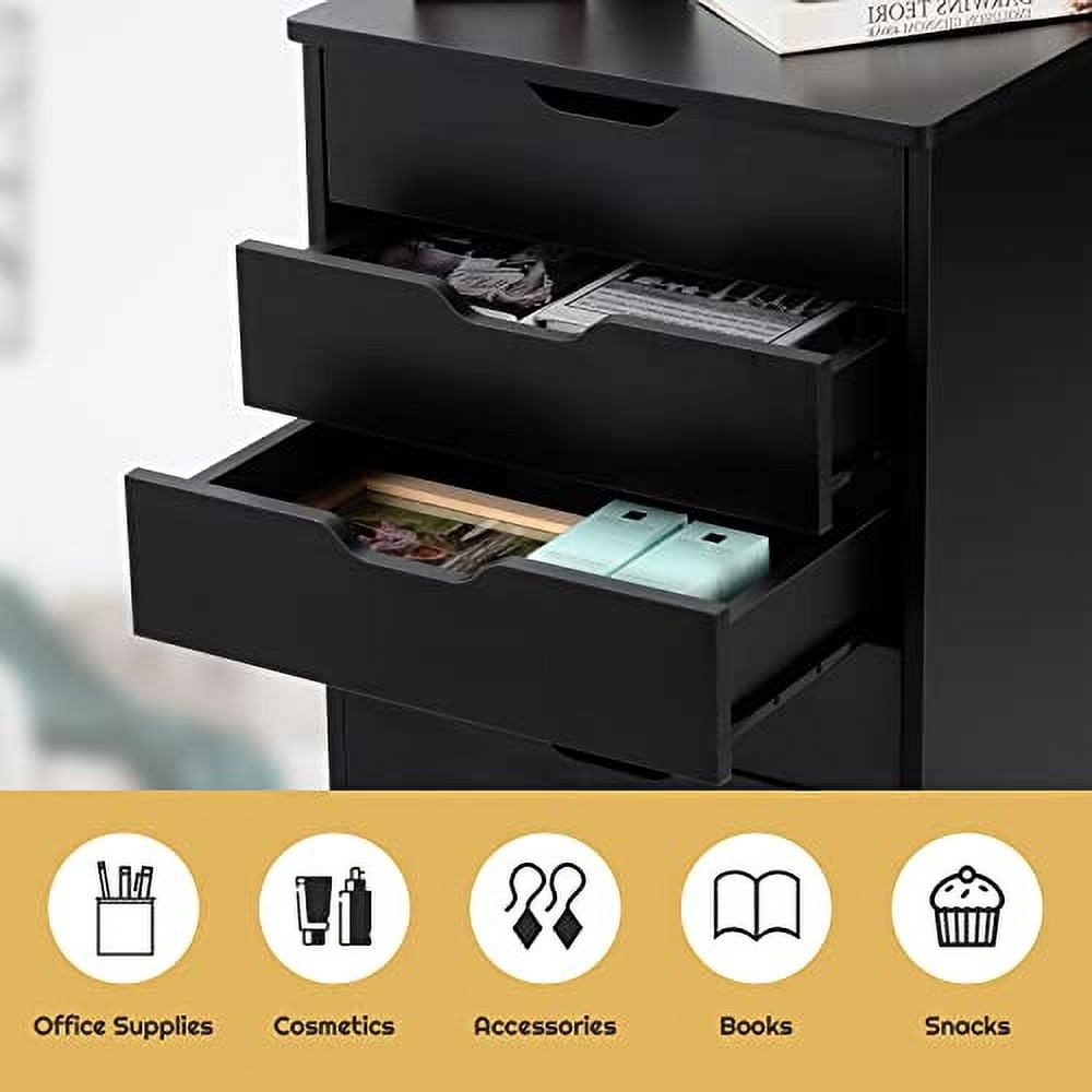 DORTALA 5 Drawer Chest File Cabinet with Wheels, Versatile Mobile Under Desk Office Storage Cabinet, Wood Filing Cabinet for Home Office, Black