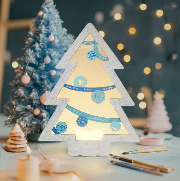 Holiday Time Christmas Tree Craft Kit with LED lights, 8.46 x 11 x 2 Inch, Wooden Decoration, Unisex, Christmas