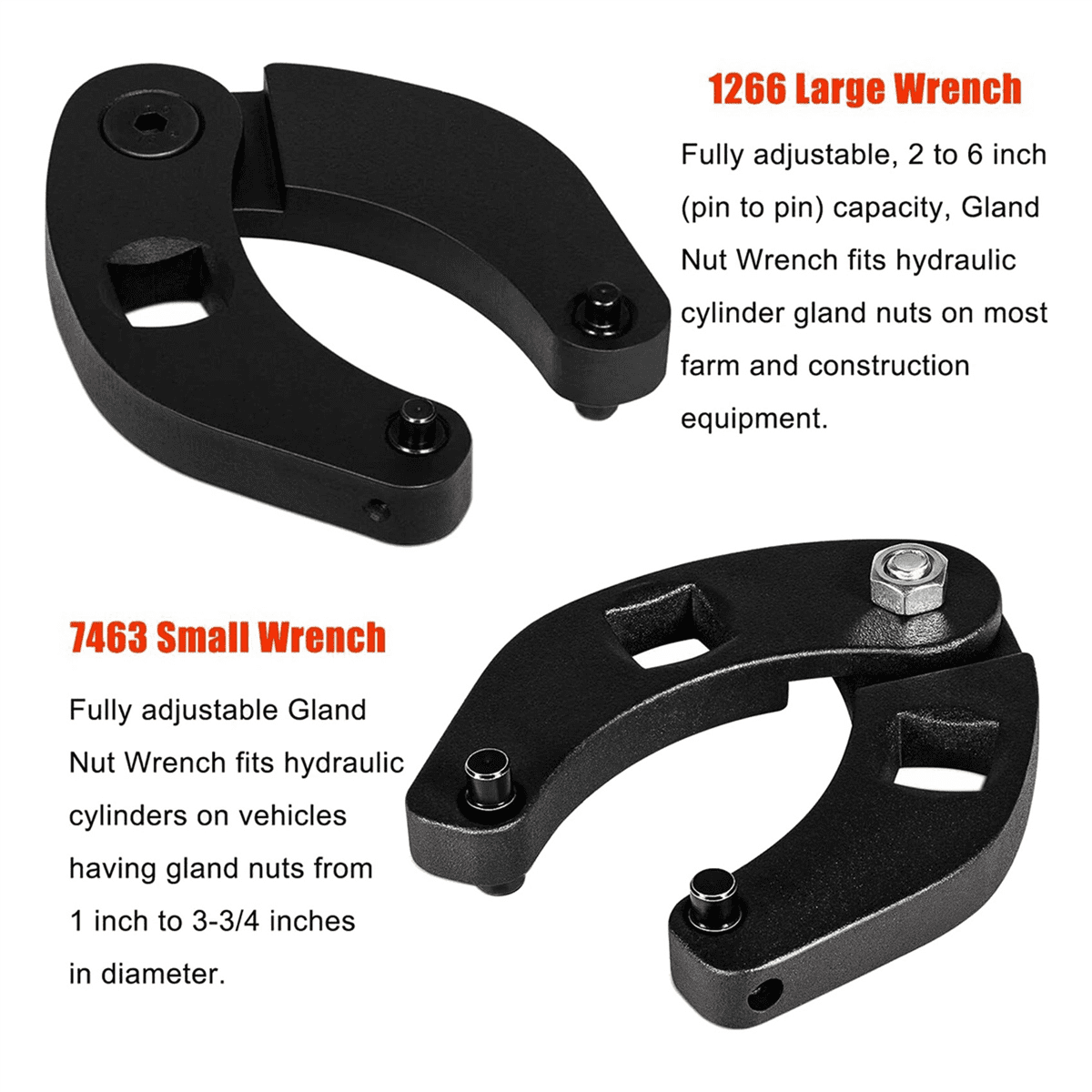2X Adjustable Gland Nut Wrench 1266 +7463 Spanner Tool Set for Hydraulic Cylinders on Skid Steer Loaders,2 x Adjustable Gland Nut Wrench set,Black