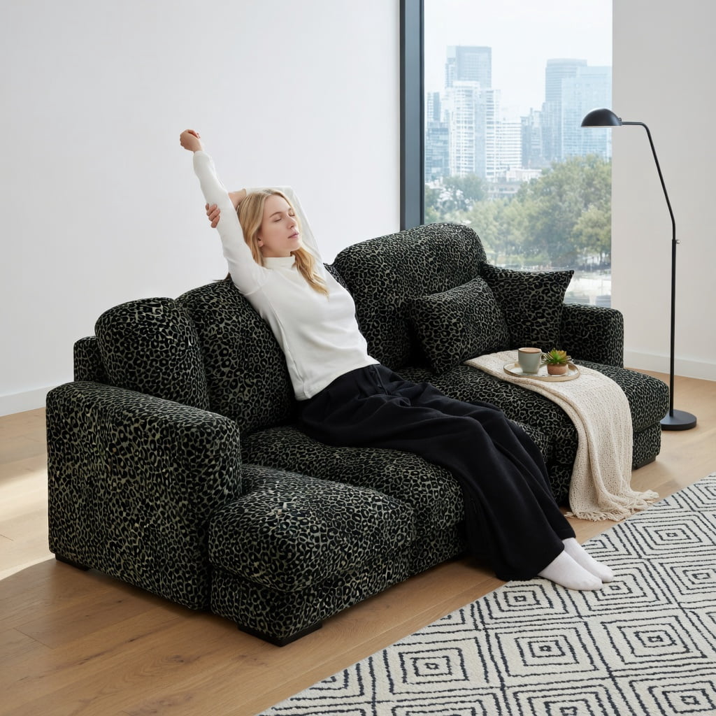 Hommoo 100" Modern Leopard Print Chenille L-Shaped Sofa Set with Movable Ottoman, Deep Seat & Tassel Trim, Easy Assembly, Ergonomic Support for Living Room, Green Black