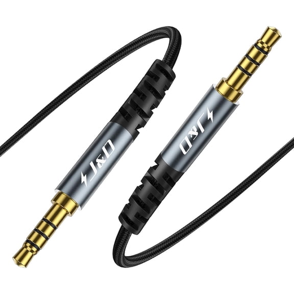 J&D 3.5mm trrs m/m aux cable, nylon braided, gold-plated plugs, aluminum alloy shell, 6.6 ft, grey