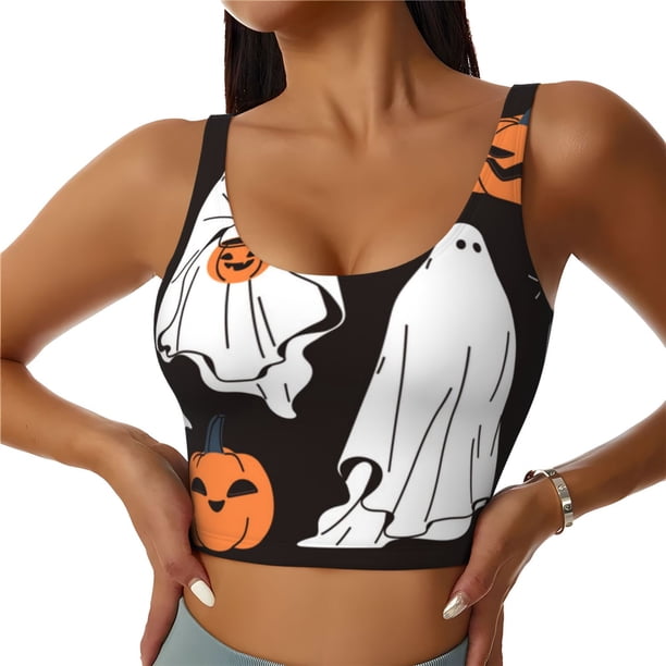 Fotbe Halloween Ghosts And Pumpkins Sujetador Deportivo Largo sin Aros para Mujer con Almohadillas y Soporte Medio, Transpirable y Absorbente, Camiseta Tipo Chaleco o Tank Top-Medium