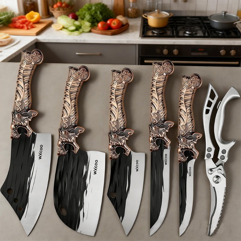 6PCS Cooking Knife Set Includes Stainless Steel Kitchen Knives with Ergonomic Wooden Handles and Handmade Kitchen Scissors Meat Cleaver Fruit Knife for Household Cooking Gifts for Men