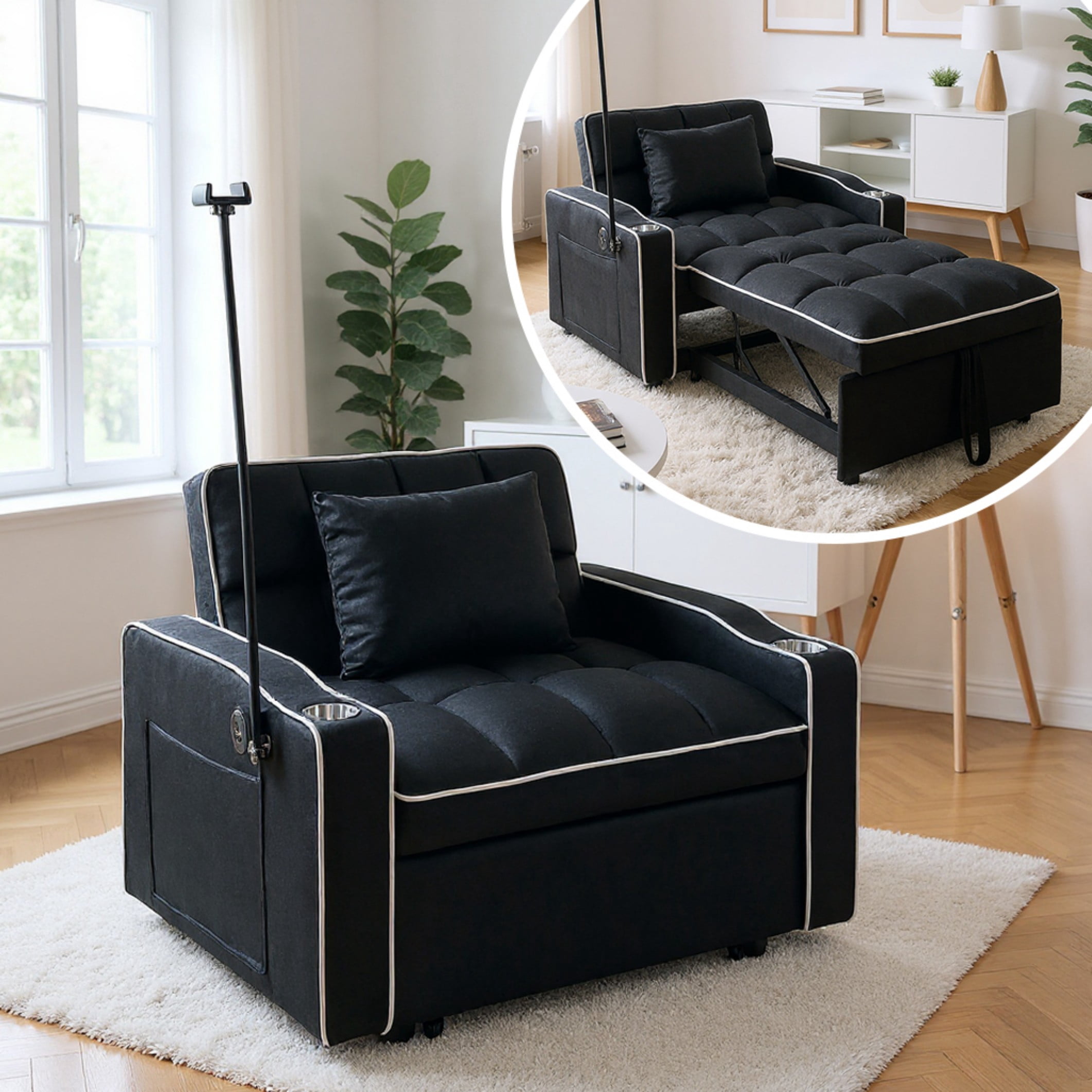 BSHTI 37.2" Convertible Pull-Out Sleeper Chair – with 3 Adjustable Angles, Velvet Upholstery, Side Pocket Storage, Solid Wood Frame,Black