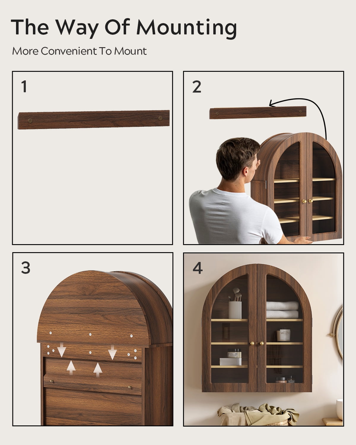 EYYTHUNG Modern Arched Wall Cabinet, Large Medicine Cupboard, Farmhouse Bathroom Storage Cabinet with Door Adjustable Shelf, Brown Oak