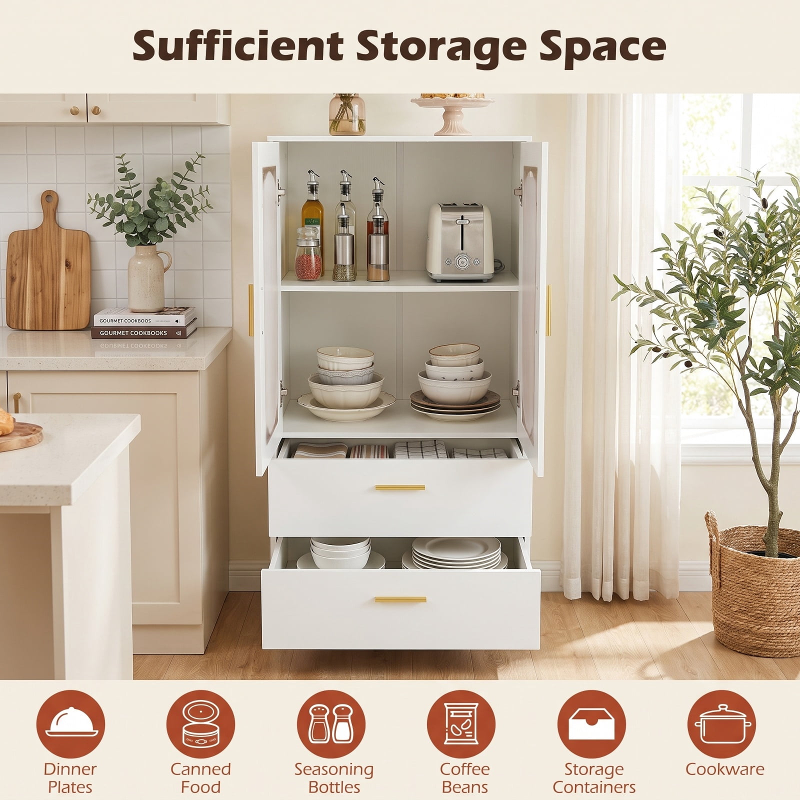 Furnibear Modern Sideboard Buffet Cabinet with Fluted Doors for Kitchen Dining Living Room Buffet Storage Server, White