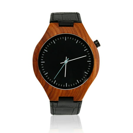 Luxury Men's Wooden Bamboo Wood Watch Quartz Fashion Leather Wristwatches Casual Black
