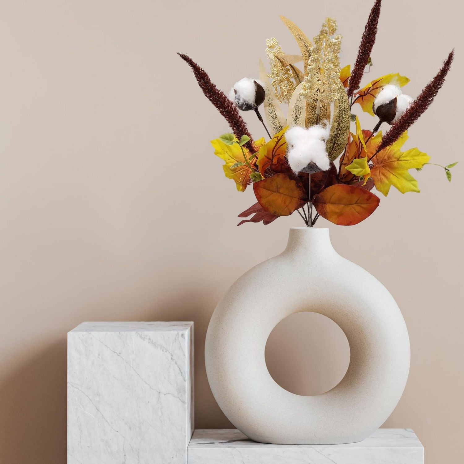 Piliers Buisson floral artificiel intérieur, érable et coton de couleur jaune, hauteur assemblée 45.5cm Érable artificiel et buisson de coton