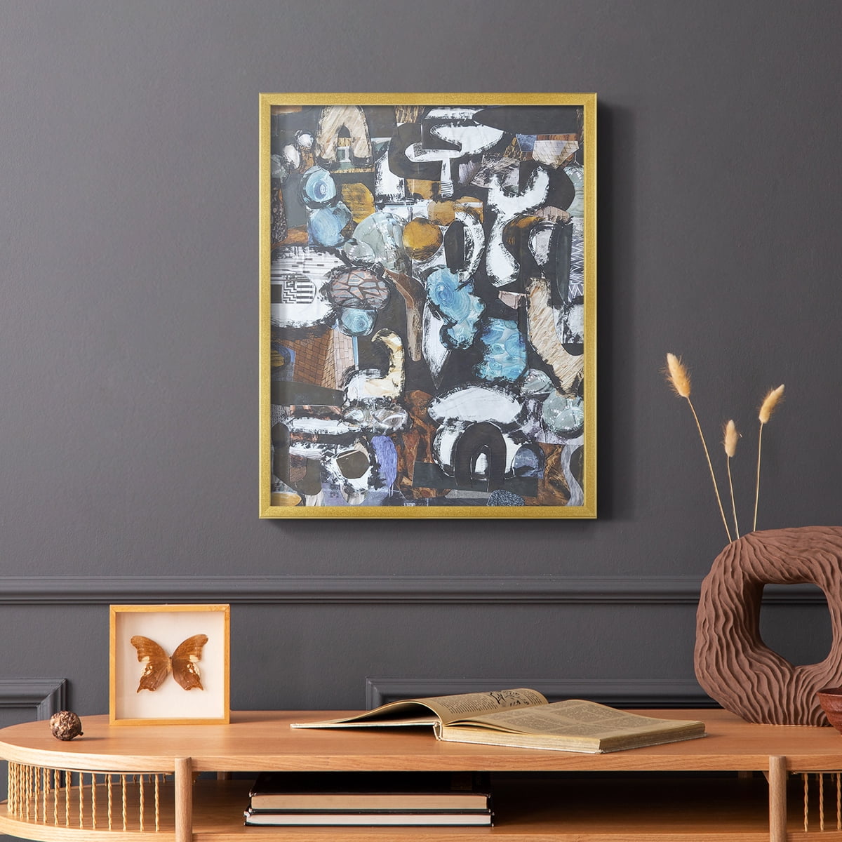 California Beach Blue Glass Framed Print in Gold Solid Wood Framed Print No Nail Hanging