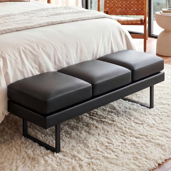 Vyrox 61" Upholstered Bedroom Bench, Set of 3 PU Leather Entryway Bench with Heavy-Duty Metal Legs for Living Room, Office & Lobby, Black