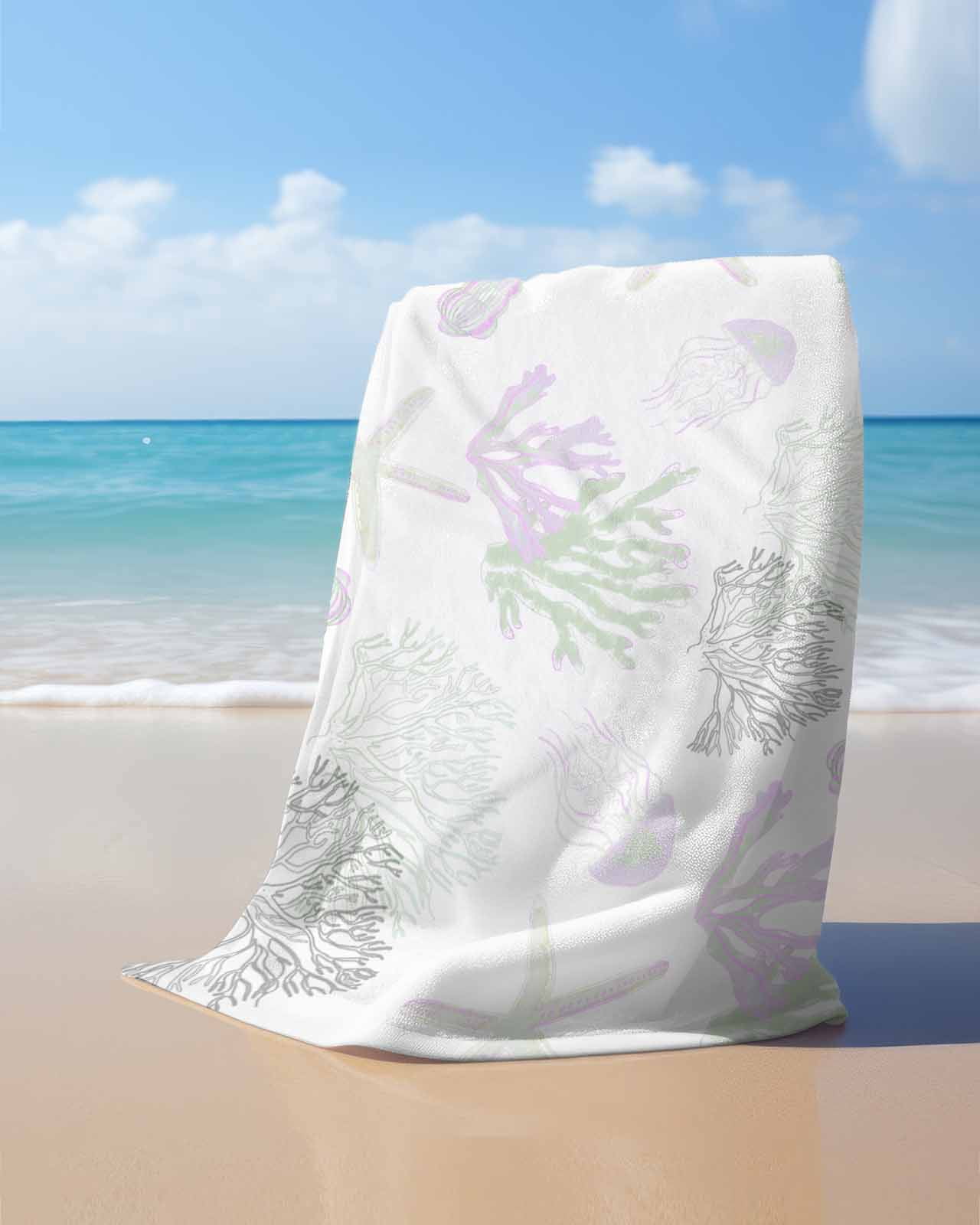 Sage Green Purple Coral Coastal Beach Towels Oversized Super Absorbent, Nautical Starfish Beach Lightweight Bath Towel Quick Dry Sets For Bathroom/Pool/Rv Camping/Beach Play/Gym Room/Picnic 35"x70"