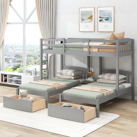 CoSoTower Twin Over Twin & Twin Bunk Bed With Two Drawers And Built-In Middle Drawer, Gray