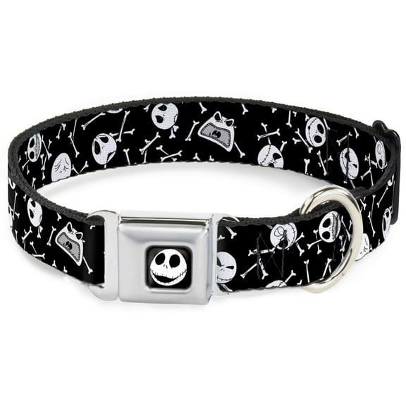Disney Pet Collar, Dog Collar Metal Seatbelt Buckle, Jack Expressions Bones Scattered Black White, 20 to 31 Inches 1.5 Inch Wide