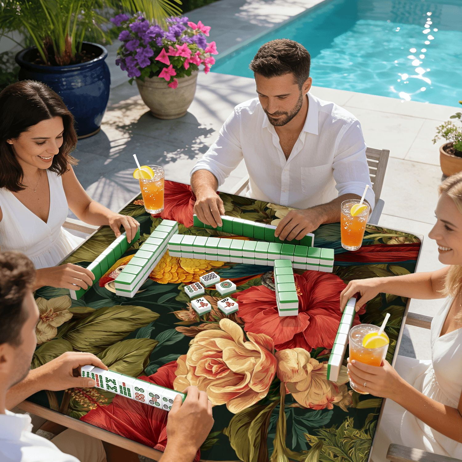 Mahjong Mat 31.5" x 31.5" Tropical Flowers Parrots Seamless Floral Summer For Non-Slip Noise Reduction American Mahjong Tiles Table Cover for Dominoes Poker Card Board Games Gift