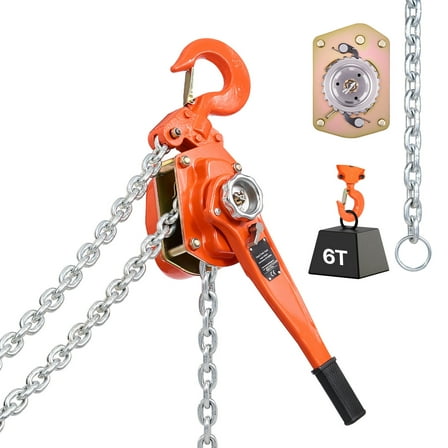 KFFKFF Manual Lever Chain Hoist, 6-Ton 13,200 lbs Capacity Heavy-Duty Puller, 20-Foot Lift with G80 Alloy Steel Chain, Dual Pawl Brake System, and 360° Rotating Hooks for Warehouse, Construction