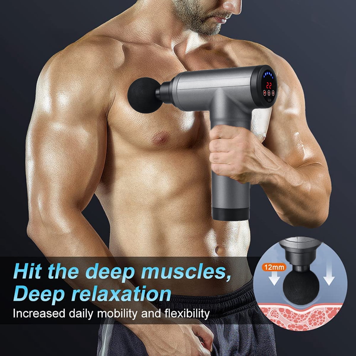 Muscle Massage Gun, Electric Percussion Massager Deep Tissue Massage with 22 Speeds & LCD Touch Screen, 4 Replacable Massage Heads Low Noise for Muscle Pain Relief