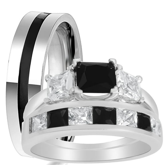 His Hers Sterling Black Simulated Diamond CZ Bridal Wedding Band Engagement Ring Set Men Women