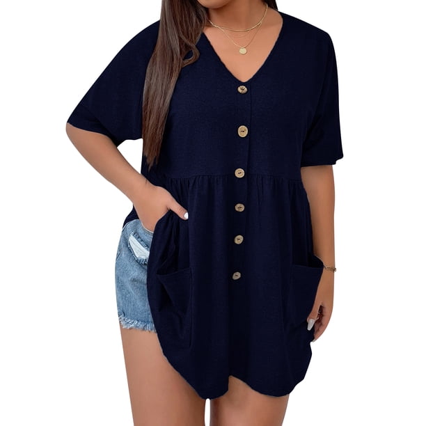 Camiseta suelta para mujer Túnicas Cuello en V Manga corta Tallas grandes Tops casuales Tomshoo Camiseta mujer