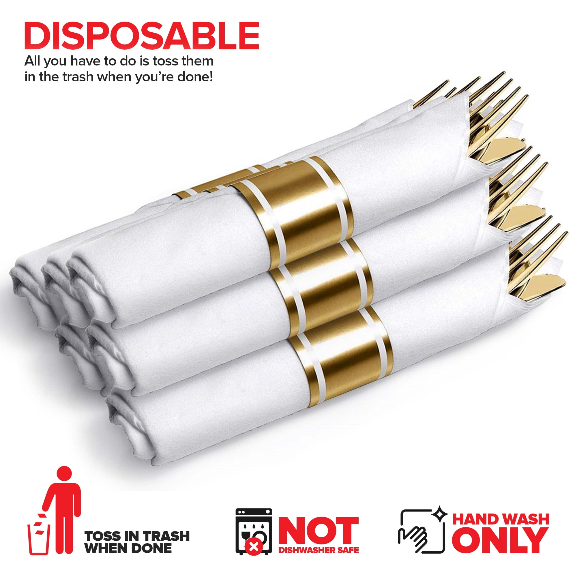 200 Pieces Pre Rolled Gold Plastic Cutlery Set, Individually Wrapped Plastic Silverware Set with 50 Forks, 50 Knives, 50 Spoons, 50 Napkins, Utensils for Weddings, Service for 50 Guests