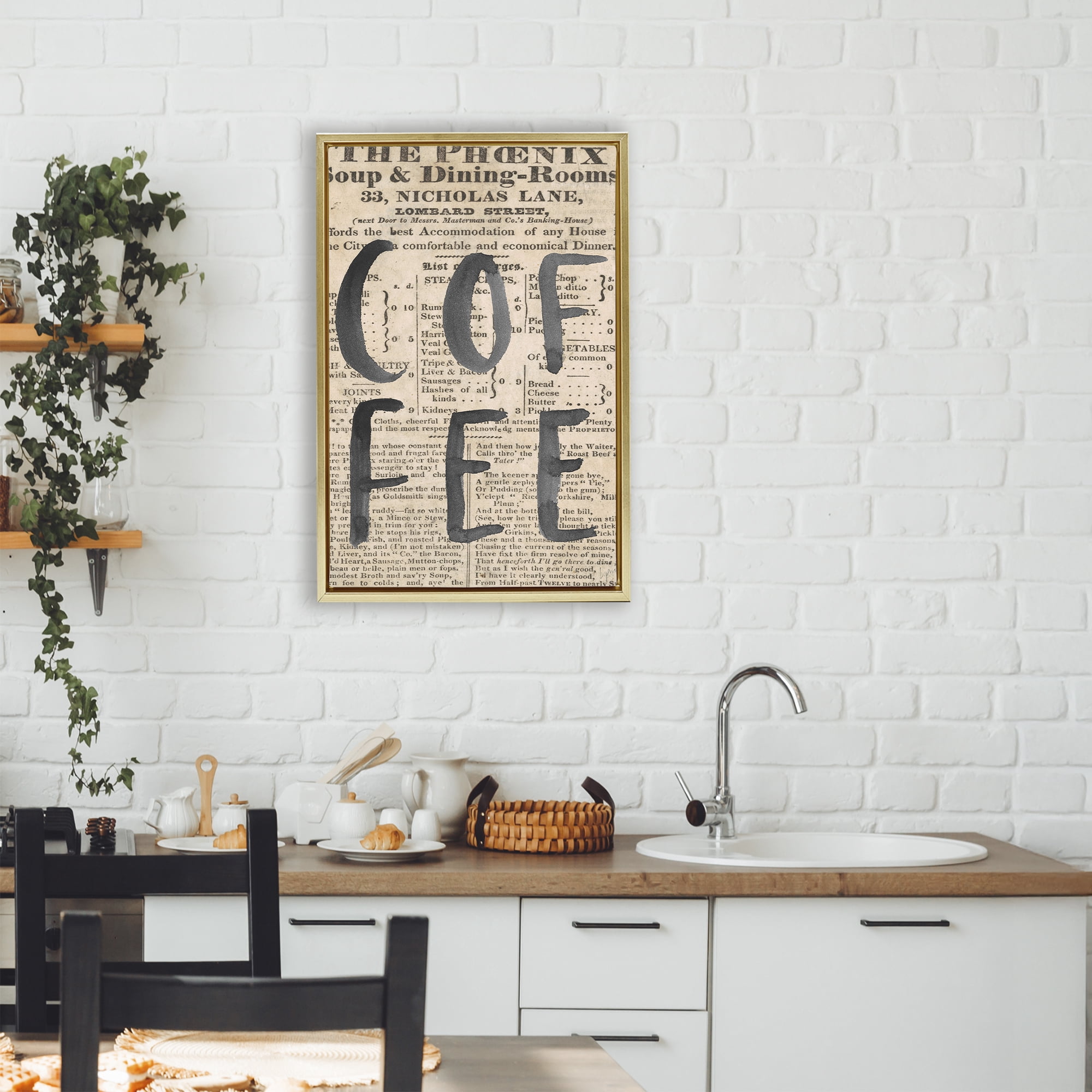 Stupell Industries Vintage Coffee Newspaper Gold Framed Floater Canvas Wall Art, design by Lucille Price