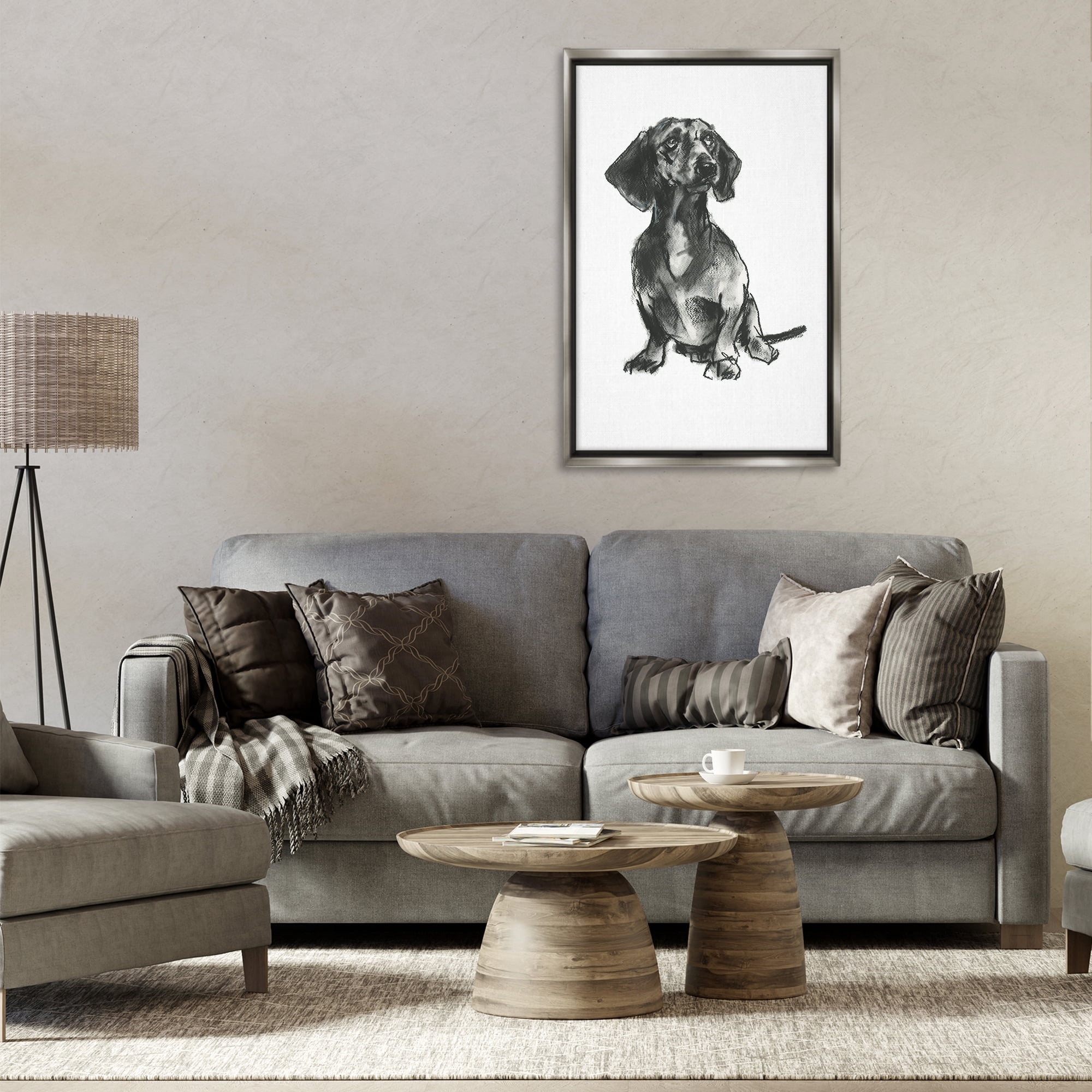 Stupell Industries Dachshund Sitting Drawing Animals & Insects Drawing Gray Floater Framed Canvas Art Print Wall Art, 21 x 31