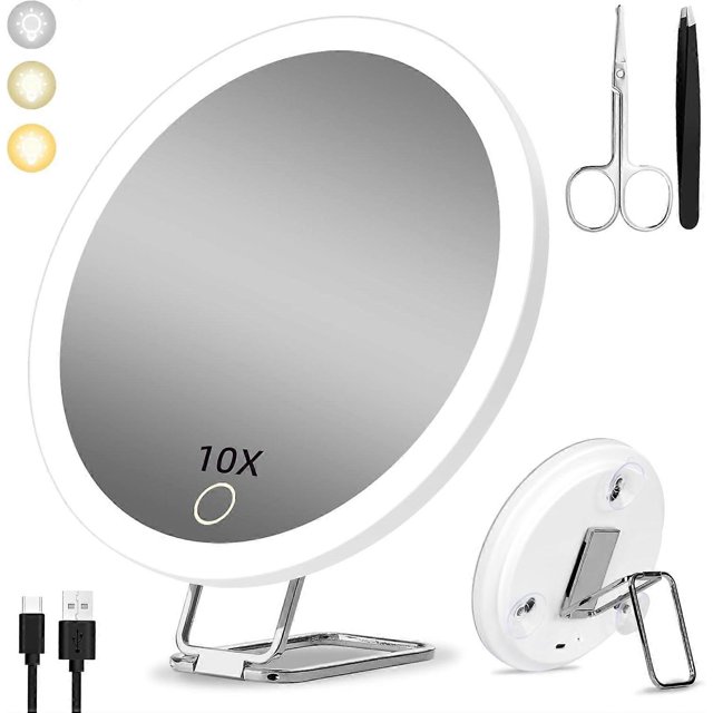 10X Magnifying Mirror with Light, 15cm 3 Color Modes Dimming Mirror 3 Suction Cups and 360 Table Stand