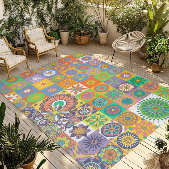 Colorful Ethnic Outdoor Rug for Patio/Deck/Porch, Non-Slip Large Area Rug 6 x 9 Ft, Modern Abstract National Geometric Green Indoor Outdoor Rugs Washable Area Rugs, Camping Rug Carpet Runner