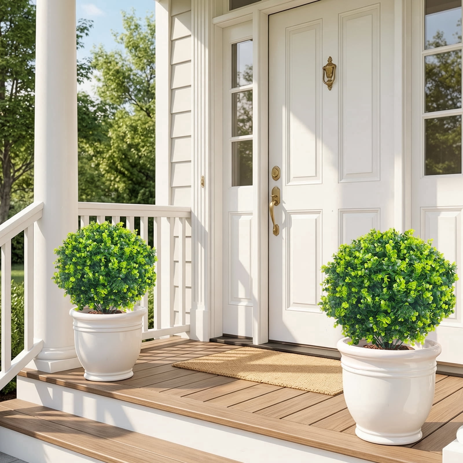 THE BRIVE 21.6 Inch Artificial Green Topiary Ball Trees, 2 Set of UV Resistant Fake Shrubs Bushes Plants with Ground Spike, Fake Plants for Outdoor Indoor Front Porch Garden