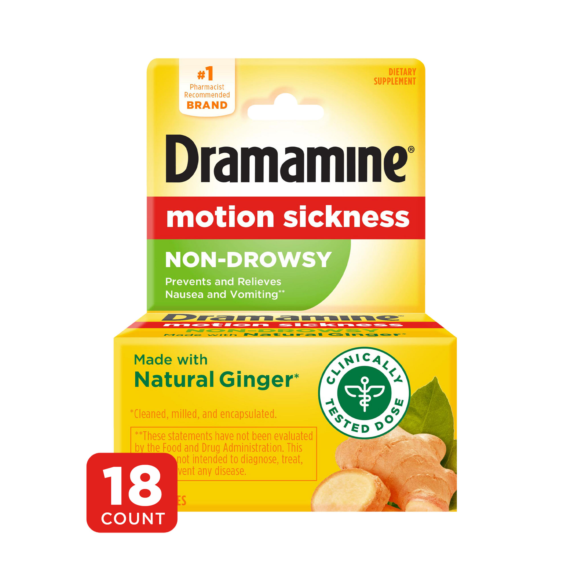 Dramamine Motion Sickness Relief, NonDrowsy Naturals With Ginger, 18