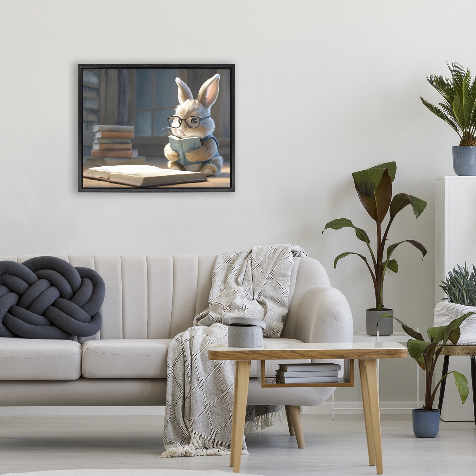 Stupell Industries Bookish Bunny at Desk Black Framed Floater Canvas Wall Art, design by Kim Allen