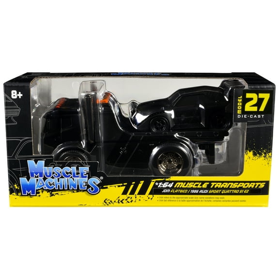 JDM Flatbed Truck Matt Black and 1986 Audi Sport Quattro S1 E2 Matt Black 1/64 Diecast Models by Muscle Machines