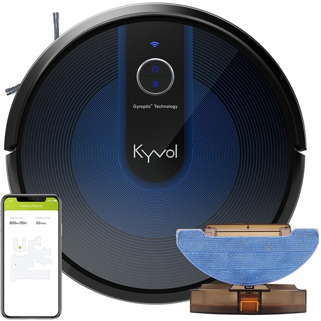 aspiradora robótica cybovac kyvol e31 funciona con alexa succión de 2200 pa silenciosa navegación inteligente para pisos y alfombras negro, vista cenital del robot redondo negro con patrón circular azul y logotipo Kyvol, botón de encendido y símbolo Wi‑Fi visibles; incluye depósito de polvo grande, tanque de agua con mopa desmontable y pantalla de app móvil con mapa de limpieza, adecuada para pisos duros y alfombras de pelo medio con navegación Gyroptic y sensor de flujo óptico para ruta en zig‑zag eficiente; también suele usarse para mantenimiento diario de áreas de alto tránsito.
