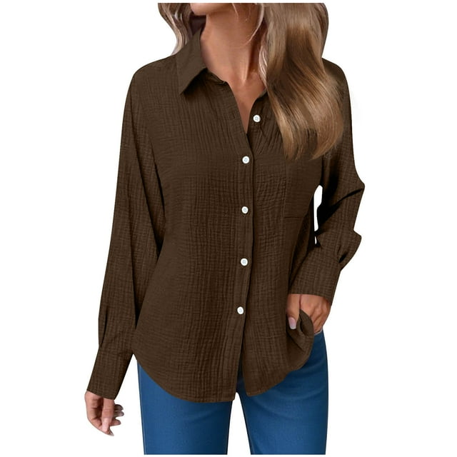 Womens Pullover Tops Spring Fall Clothes 2025 Long Sleeve Shirts Loose Festival Tops Woman Solid Color Button Pocket Long Sleeve Turndown Collar Blouse Tops Plus Size Tops For Women Summer