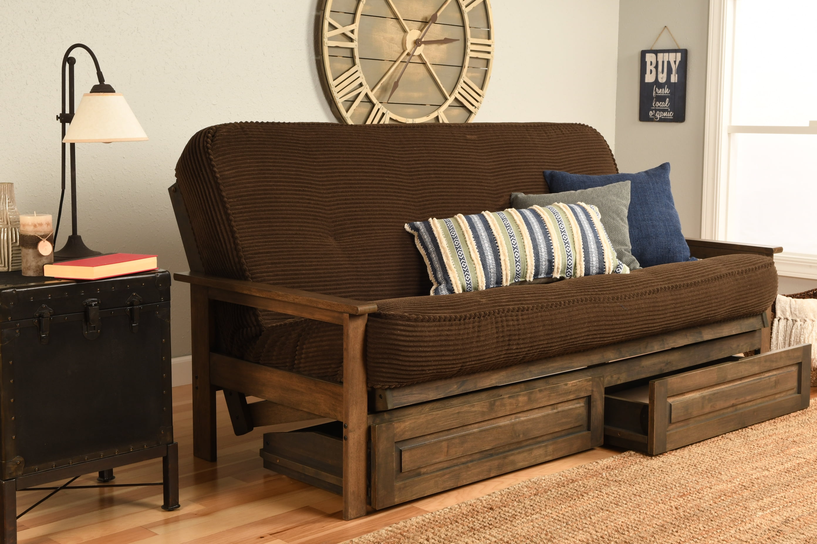 Albany Futon with storage in Rustic Walnut Finish, Multiple Colors